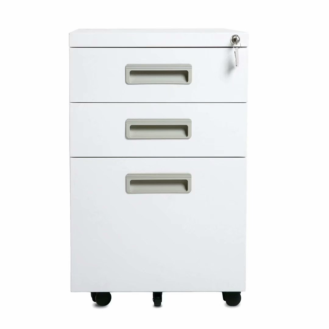 Office 3-Drawer Mobile Metal File Cabinet with Keys White with Plastic Handle 15.5 x 20.5 x 24.5
